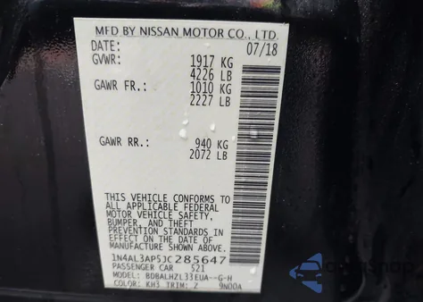 2018 Nissan Altima 2.5 Sr from USA, damaged, VIN 1N4AL3AP5JC285647